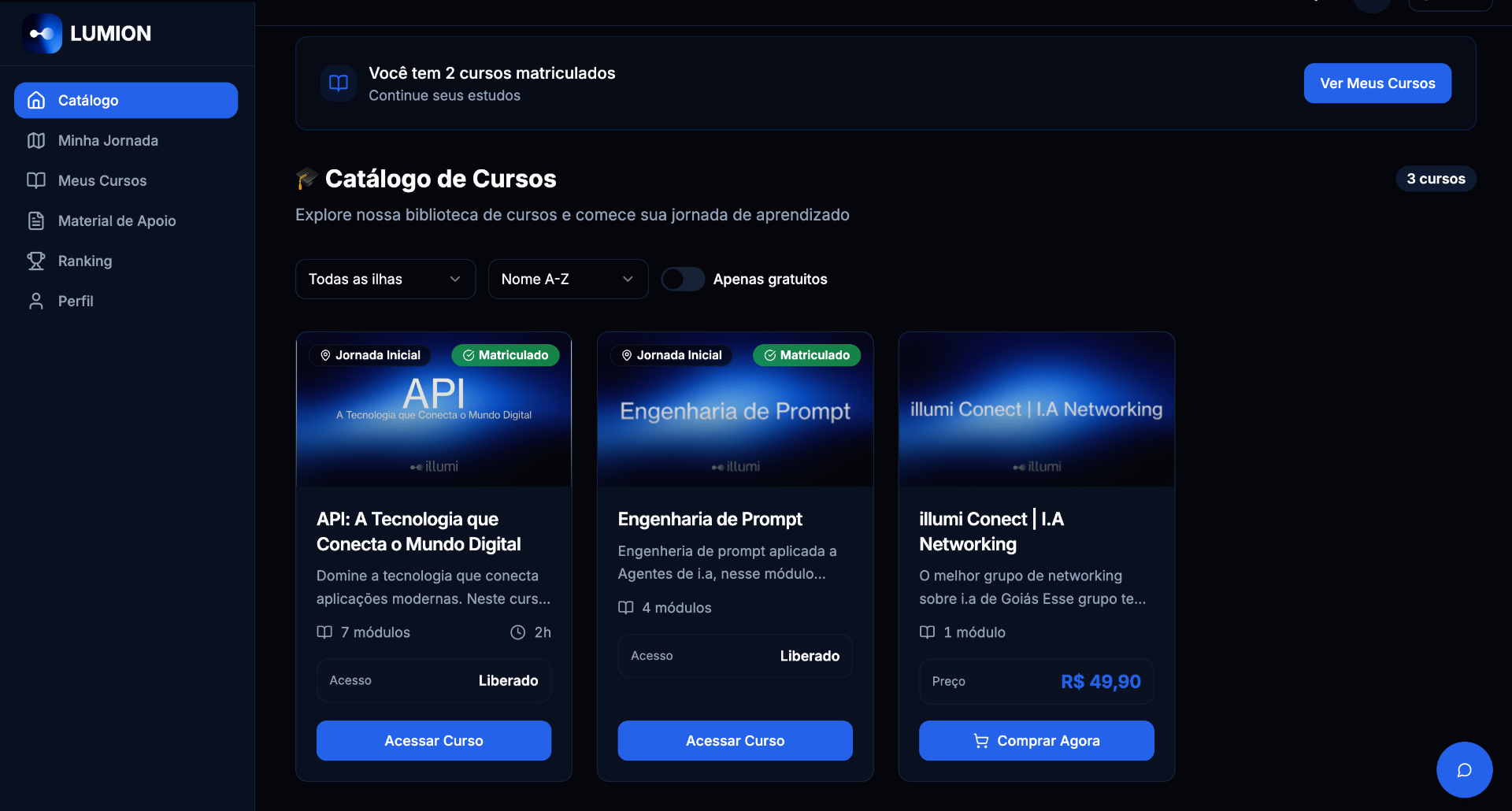 Plataforma Lumion, área de cursos de IA da illumi