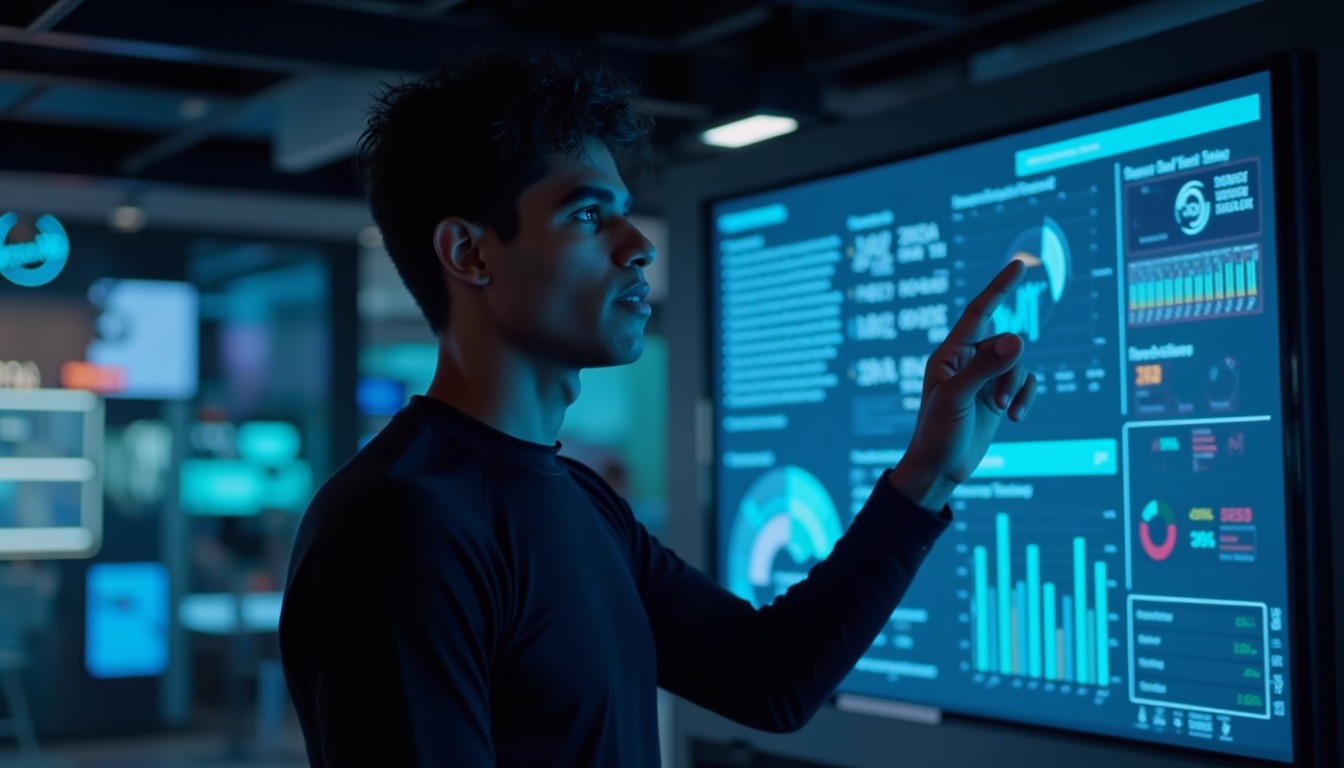 Mateus diante de um painel com indicadores de IA